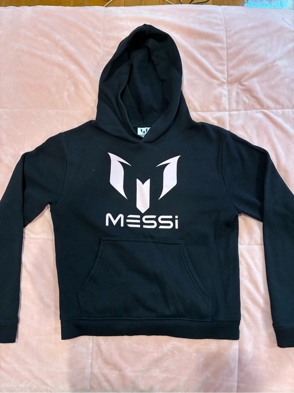 Messi Kids Unisex Black Hoodie with Pale Pink Logo and number 10 in the back